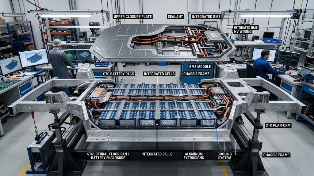 ภาพผังวิศวกรรม 3 มิติแสดงเซลล์แบตเตอรี่แบบ Cell-to-Chassis CTC ฝังรวมเป็นส่วนหนึ่งของพื้นตัวถังแชสซีส์รถยนต์ไฟฟ้า
