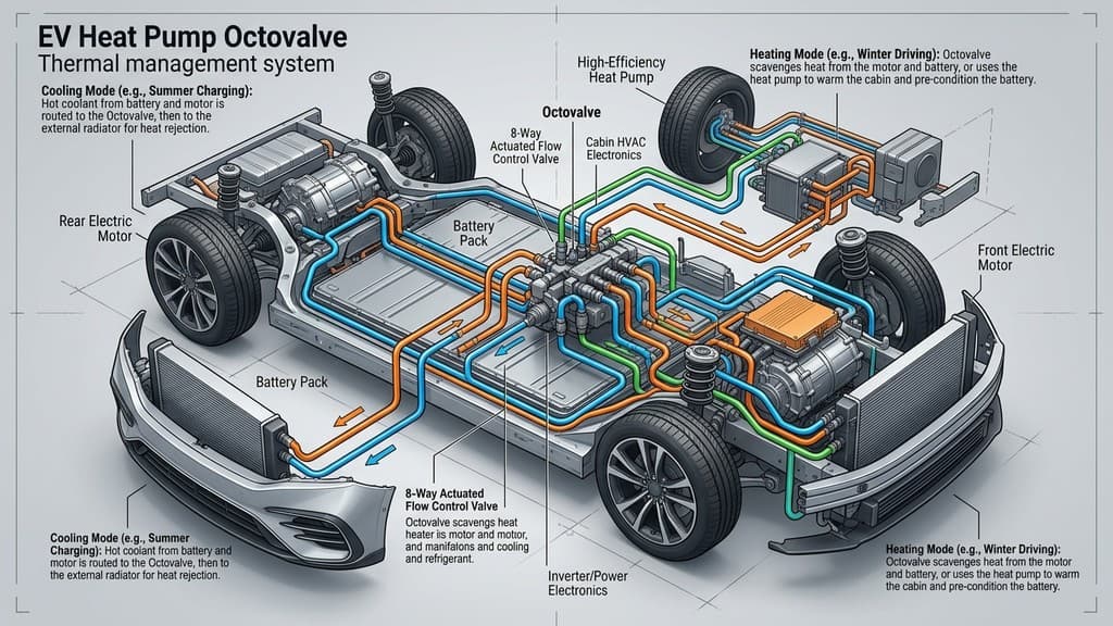 ผังวิศวกรรม 3 มิติแสดงระบบจัดการความร้อนปั๊มความร้อน EV Heat Pump และวาล์วหมุนเวียนพลังงาน Octovalve ในแชสซีส์รถยนต์ไฟฟ้า