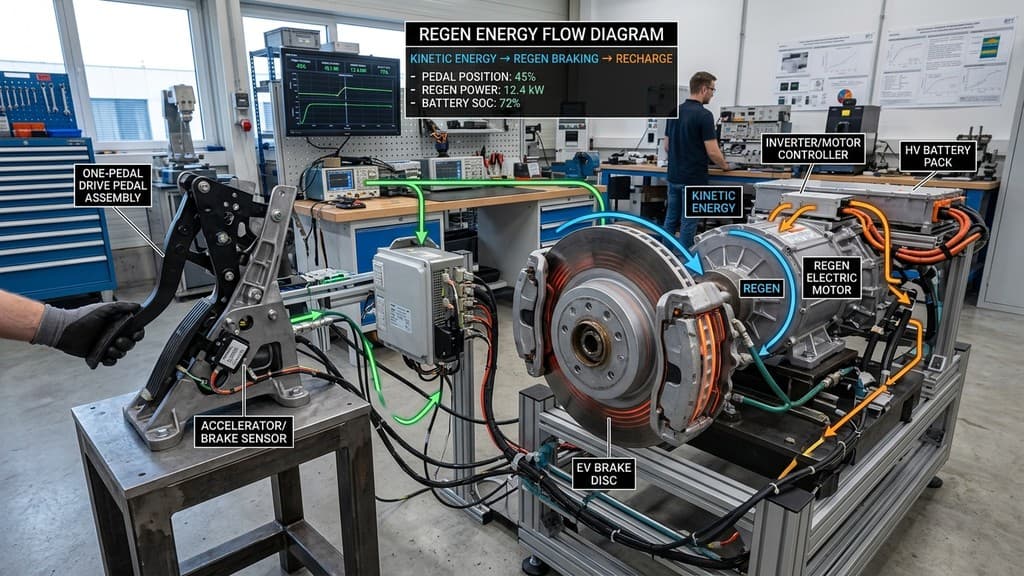 ภาพผังวิศวกรรมการไหลของพลังงานจลน์ขณะชะลอความเร็วด้วยระบบ Regenerative Braking และ One-Pedal Drive