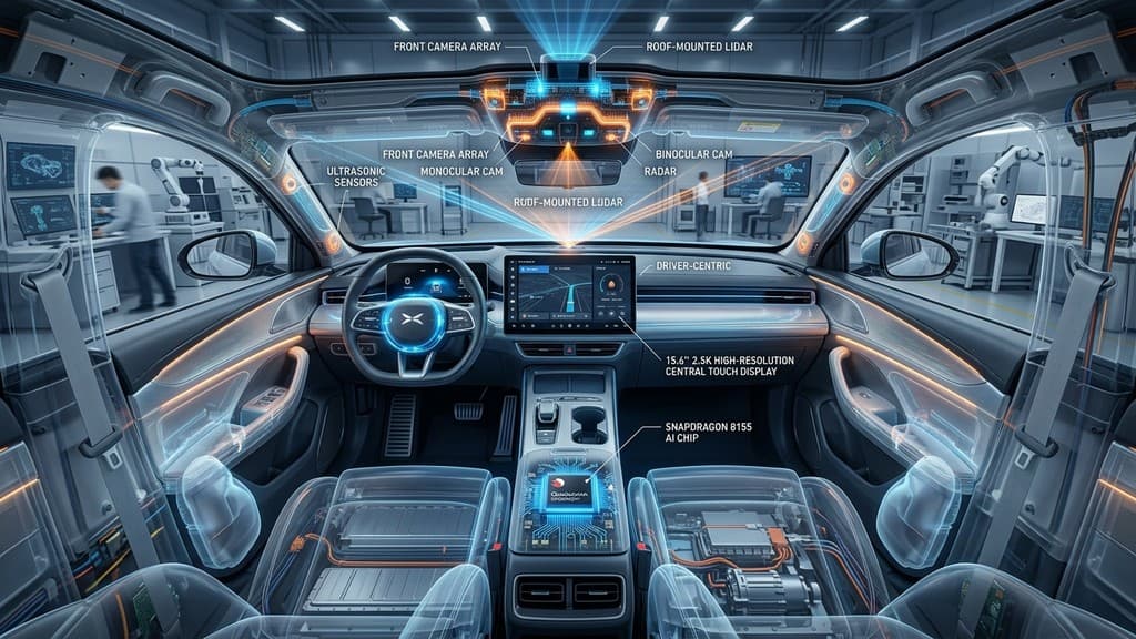 ภาพตัดขวางแสดงระบบประมวลผล AI กล้อง Pure Vision รอบคัน และหน้าจอ Smart Cockpit ภายใน XPENG MONA M03