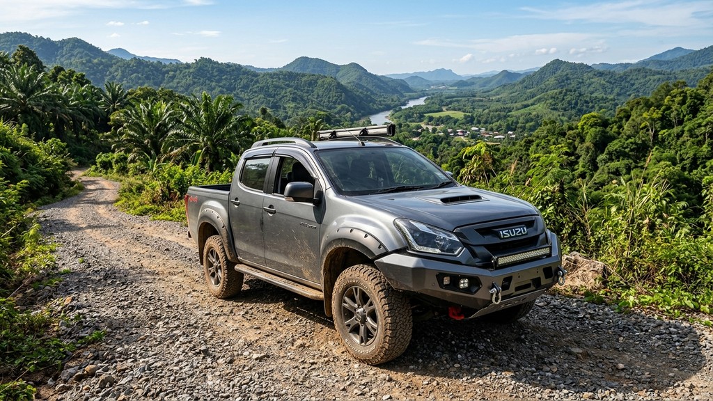 Isuzu D-Max V-Cross 4x4 สีเทากันเมทัล รถกระบะขุมพลังใหม่ 2.2 Ddi MAXFORCE จอดบนเส้นทางกรวดลูกรังในจังหวัดกาญจนบุรี ท่ามกลางฉากหลังเทือกเขาเขียวชอุ่ม