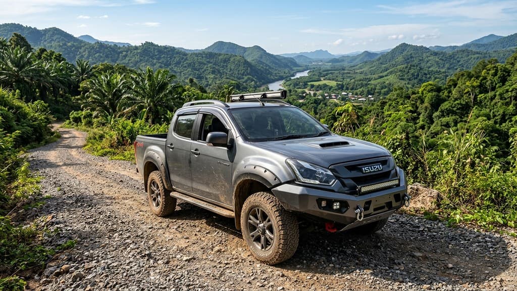 Isuzu D-Max V-Cross 4x4 สีเทากันเมทัล รถกระบะขุมพลังใหม่ 2.2 Ddi MAXFORCE จอดบนเส้นทางกรวดลูกรังในจังหวัดกาญจนบุรี ท่ามกลางฉากหลังเทือกเขาเขียวชอุ่ม