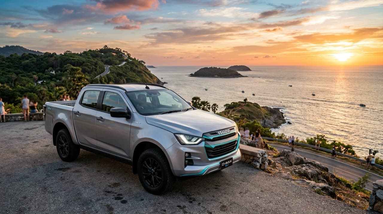 Isuzu D-Max EV กระบะไฟฟ้าล้วนสีเงินพร้อมแถบตกแต่งสีฟ้าไซยาน จอดบนจุดชมวิวแหลมพรหมเทพ จ.ภูเก็ต หันหน้ามองทะเลอันดามันยามเย็น