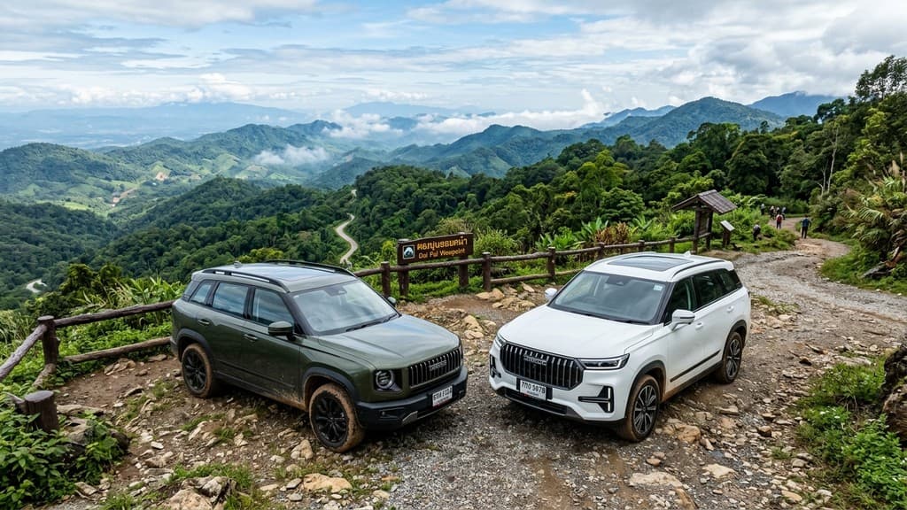 Jaecoo 5 EV สีเขียวโอลีฟดาร์กจอดเปรียบเทียบคู่กับ Jaecoo 7 EV สีขาว ณ จุดชมวิวธรรมชาติในไทย
