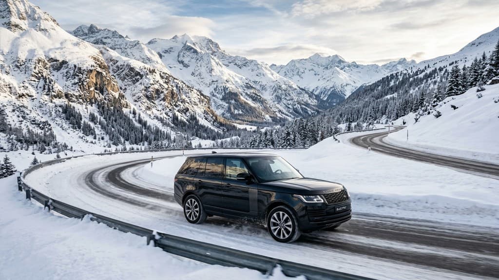 รถยนต์ไฟฟ้า Range Rover Electric สีดำขับผ่านถนนเส้นทางหิมะ