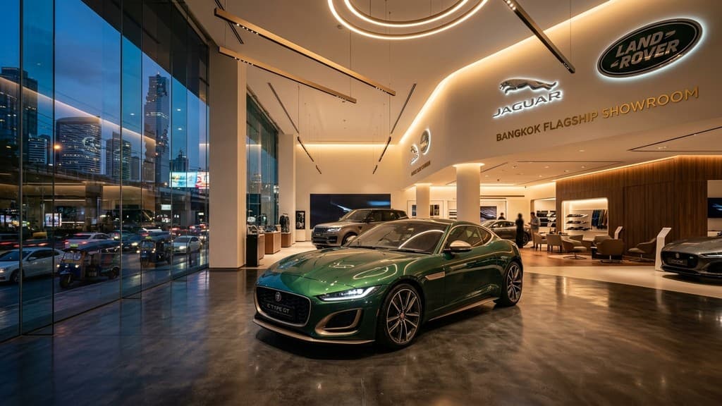 Jaguar GT EV สปอร์ตคูเป้ไฟฟ้าหรูหราสีเขียวบริติชเรซซิ่งกรีนจอดเด่นในโชว์รูม Jaguar Land Rover กรุงเทพฯ