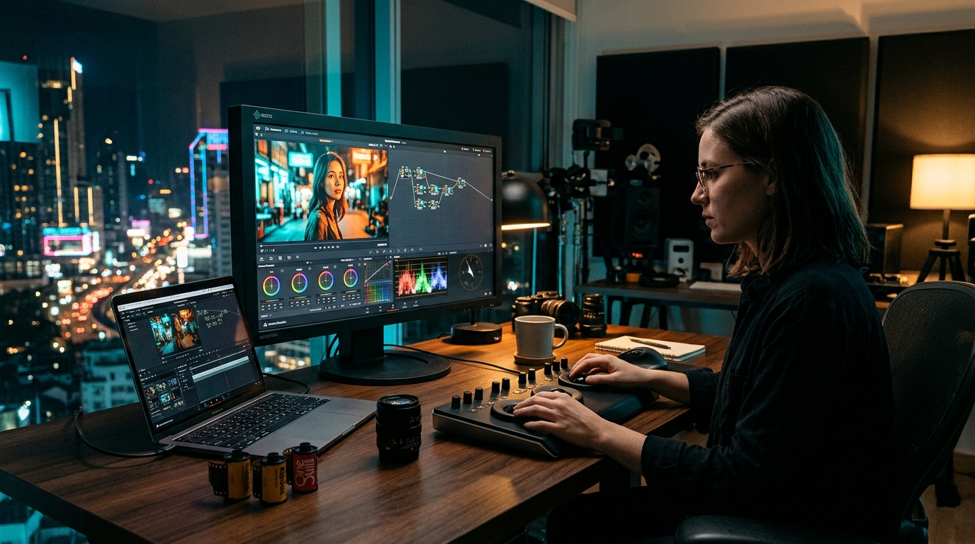 โต๊ะทำงานแต่งสีวิดีโอ DaVinci Resolve บนหน้าจอ Mac พร้อมปลั๊กอินจำลองโทนสีฟิล์ม