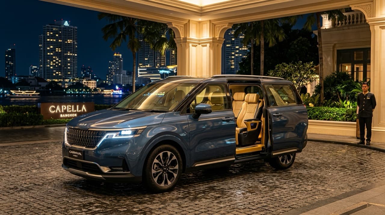 KIA Carnival HEV รถลักชัวรีไฮบริด MPV 11 ที่นั่ง สีน้ำเงินเข้ม Astra Blue จอดสง่างามหน้าโรงแรมหรูริมแม่น้ำเจ้าพระยา ประตูสไลด์ไฟฟ้าเปิดกว้างโชว์ห้องโดยสารพรีเมียม