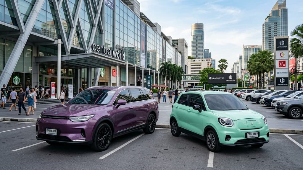 Leapmotor C16 สีม่วงทรงเอสยูวี 6 ที่นั่ง จอดคู่กับ Leapmotor T03 สีเขียวมินต์ หน้าร้านค้าใจกลางกรุงเทพฯ