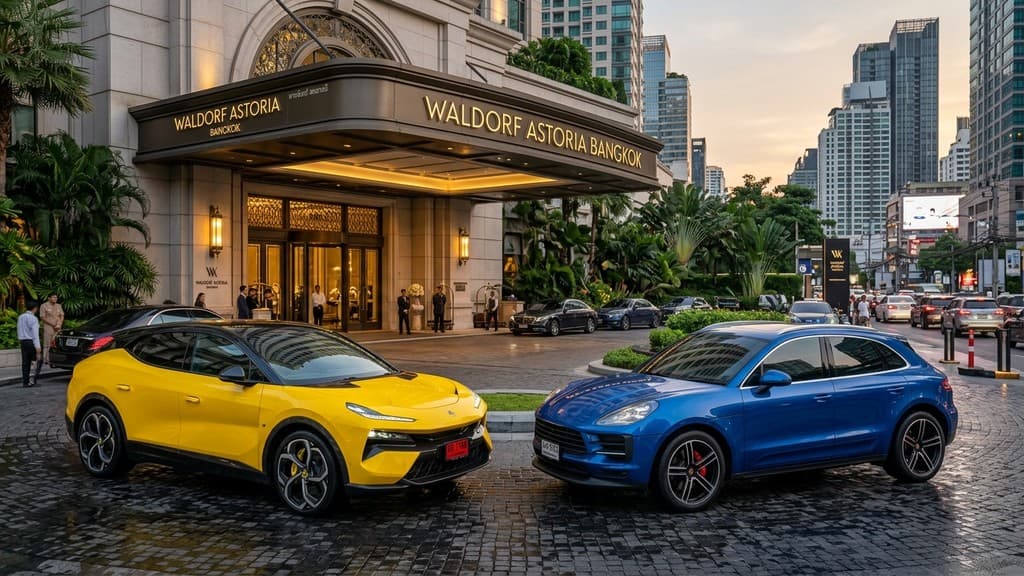 Lotus Eletre R สีเหลือง จอดเปรียบเทียบกับ Porsche Macan EV สีน้ำเงิน ด้านหน้าโรงแรมหรูหราใจกลางกรุงเทพฯ