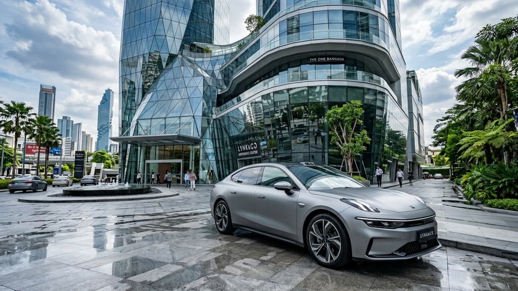 Lynk & Co Z10 ซีดานไฟฟ้าสีเทาแมตต์ทรงสปอร์ตล้ำยุคจอดด้านนอกอาคารกระจกไฮเทคใจกลางกรุงเทพฯ