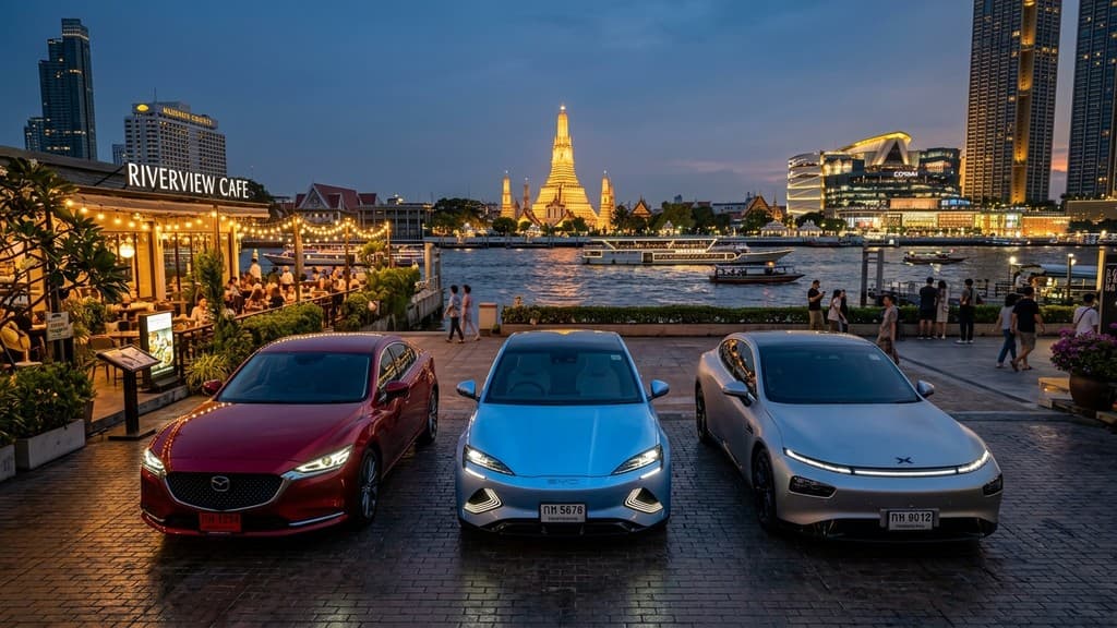 Mazda 6e สีแดง Soul Red Crystal, BYD Seal สีฟ้า และ XPENG P7+ สีเงิน จอดเทียบกันริมแม่น้ำเจ้าพระยา กรุงเทพฯ ในบรรยากาศยามเย็น