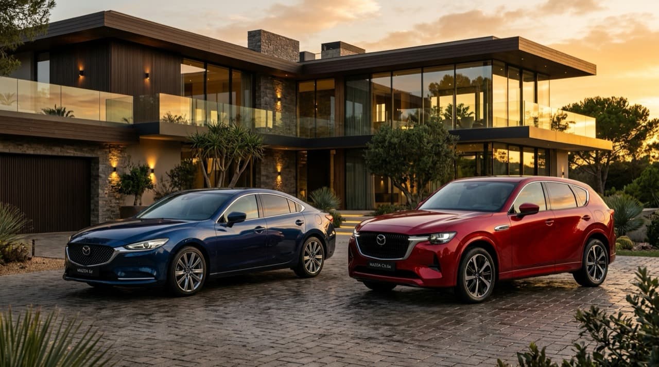 Mazda 6e ซีดานฟาสต์แบ็กสีน้ำเงิน จอดเคียงคู่กับ Mazda CX-6e เอสยูวีสีแดง Soul Red Crystal หน้าบ้านพักหรูสไตล์โมเดิร์น