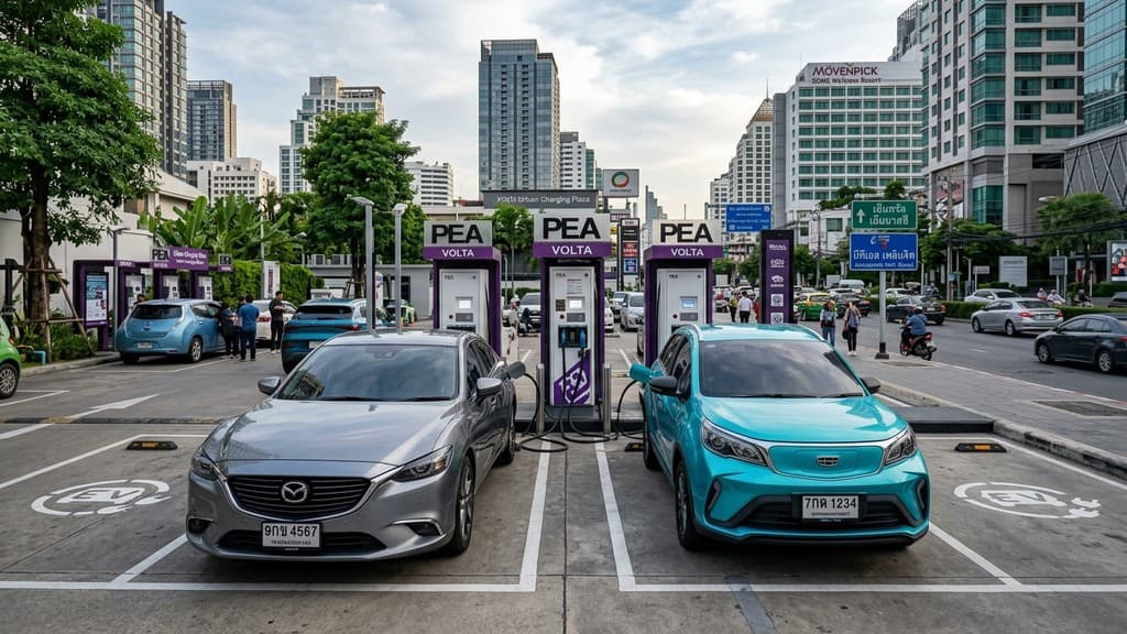 Mazda 6e สีเทาเมทัลลิกจอดชาร์จไฟคู่กับ Geely EX2 สีฟ้าเทอร์ควอยซ์ ณ สถานีชาร์จกลางกรุงเทพฯ
