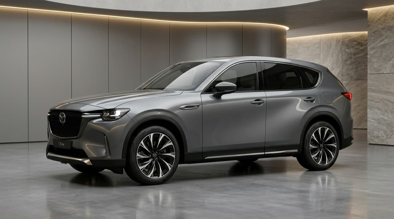 Mazda CX-6e รุ่น Premium Sport สีเทา Machine Grey โชว์ล้ออัลลอยขนาด 21 นิ้วและกล้องมองข้างดิจิทัลในสตูดิโอระดับพรีเมียม