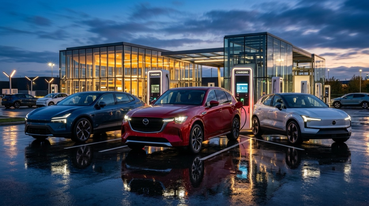 Mazda CX-6e จอดเทียบเคียงคู่แข่งเอสยูวีไฟฟ้าทรงสปอร์ต ณ สถานีชาร์จความเร็วสูงยามพลบค่ำ