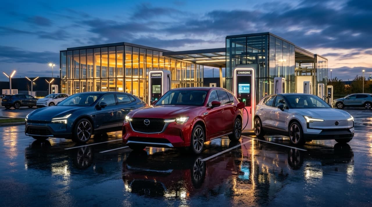 Mazda CX-6e จอดเทียบเคียงคู่แข่งเอสยูวีไฟฟ้าทรงสปอร์ต ณ สถานีชาร์จความเร็วสูงยามพลบค่ำ