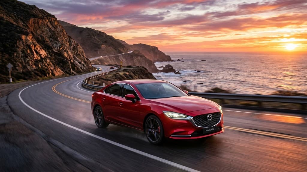 Mazda EZ-6 เก๋งไฟฟ้าสปอร์ตสีแดง Soul Red กำลังขับเคลื่อนบนถนนเลียบชายหาด