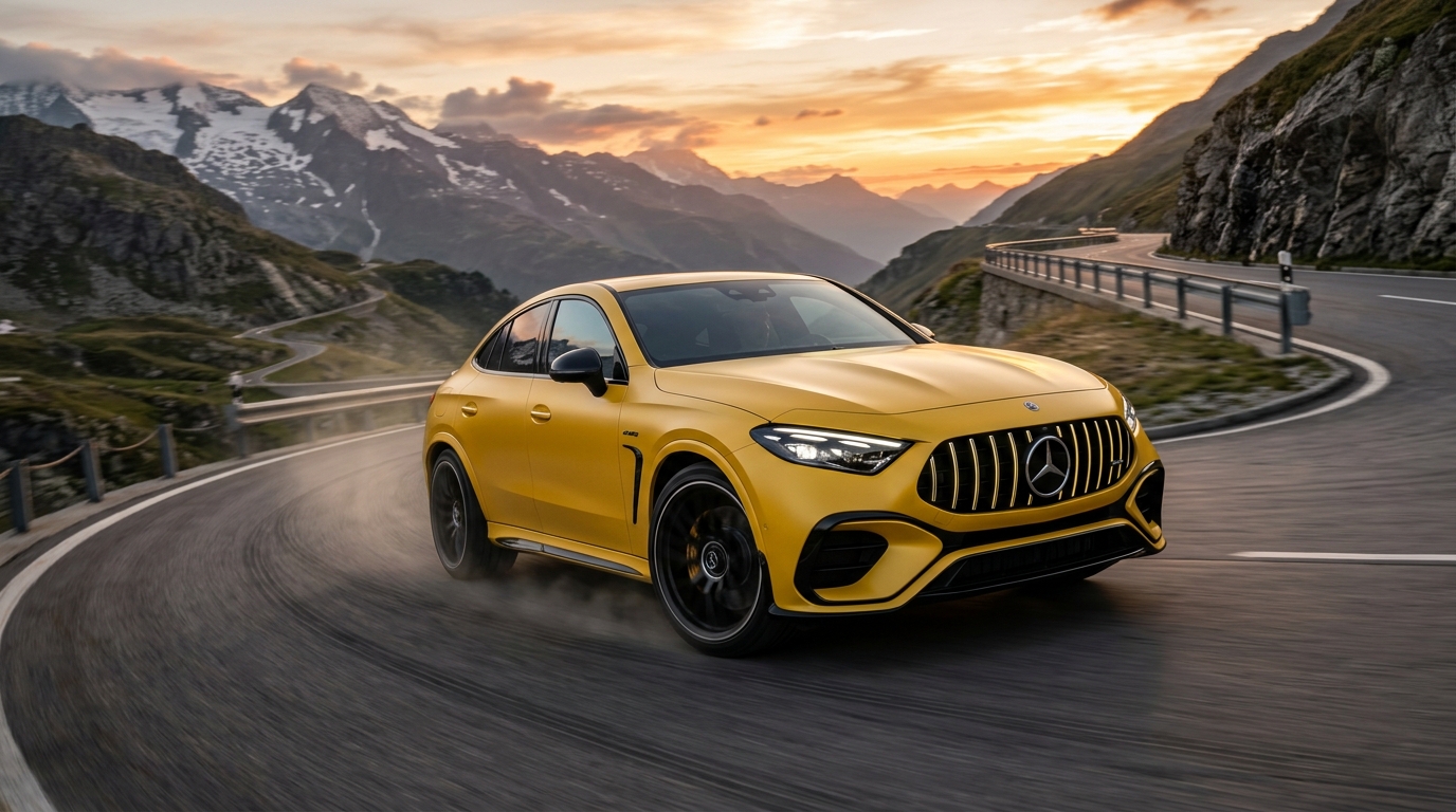 รถยนต์เอสยูวีไฟฟ้าสมรรถนะสูง Mercedes-AMG GT SUV กำลังวิ่งด้วยความเร็วสูงบนเส้นทางภูเขา