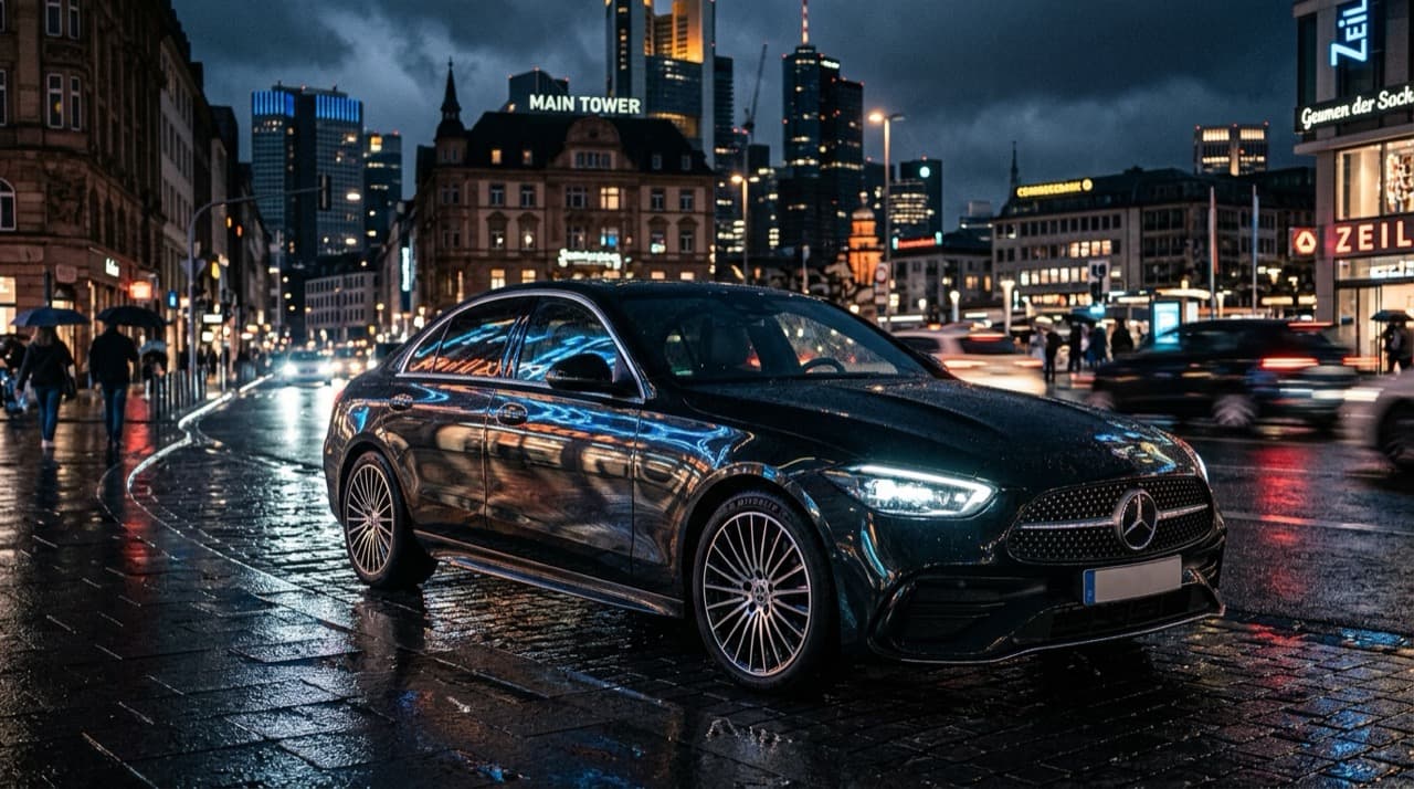 Mercedes-Benz C 300 4MATIC Electric สีดำด้านเงางามสไตล์คูเป้ จอดบนถนนเปียกยามค่ำคืนใจกลางมหานครแฟรงก์เฟิร์ต เผยกระจังหน้าเรืองแสงลายดาวสามแฉกอันโดดเด่น