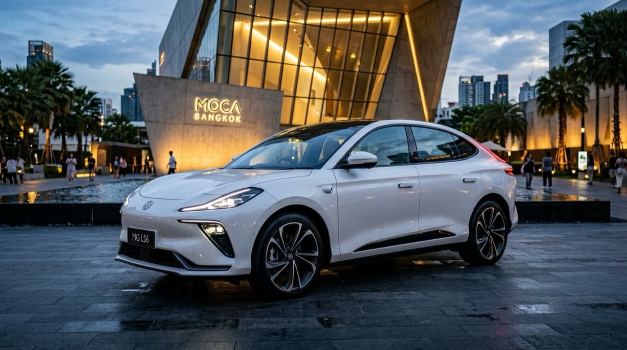 MG IM LS6 รถคูเป้เอสยูวีไฟฟ้าสีขาวมุก ดีไซน์พรีเมียมล้ำสมัย จอดอยู่หน้าพิพิธภัณฑ์ศิลปะร่วมสมัยกรุงเทพฯ ยามพลบค่ำ