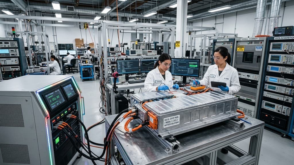 วิศวกรหญิงกำลังตรวจสอบแพกแบตเตอรี่ Solid-State รุ่นใหม่ในห้องปฏิบัติการวิจัยพัฒนา