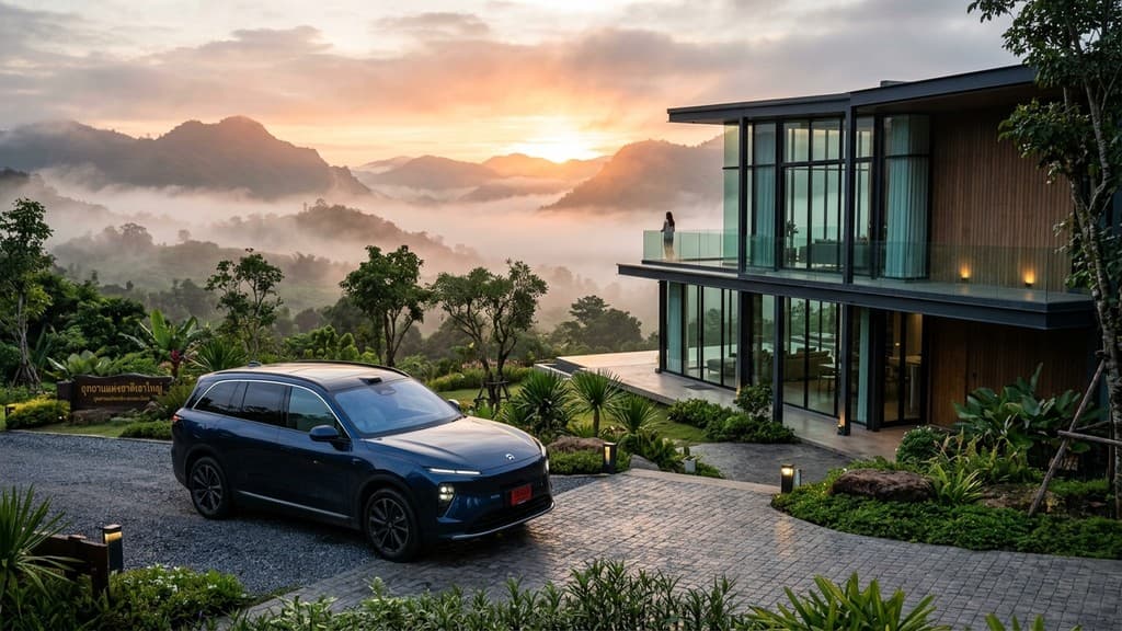 Nio EL8 สีน้ำเงินมิดไนท์บลู เอสยูวีไฟฟ้า 6 ที่นั่งระดับอัลตราลักชัวรี จอดหน้าวิลล่ากระจกหรูบนเขาใหญ่ ท่ามกลางหมอกยามเช้าและแสงอาทิตย์สีทอง