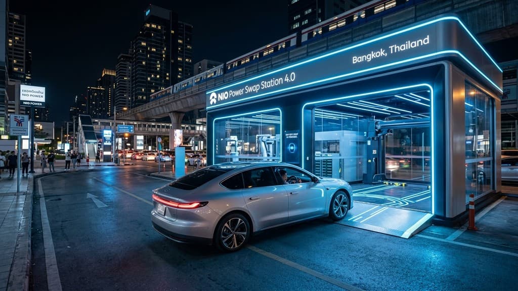 Nio ET9 กำลังขับเข้าสถานีสลับแบตเตอรี่อัตโนมัติ Nio Power Swap Station 4.0 ในกรุงเทพฯ