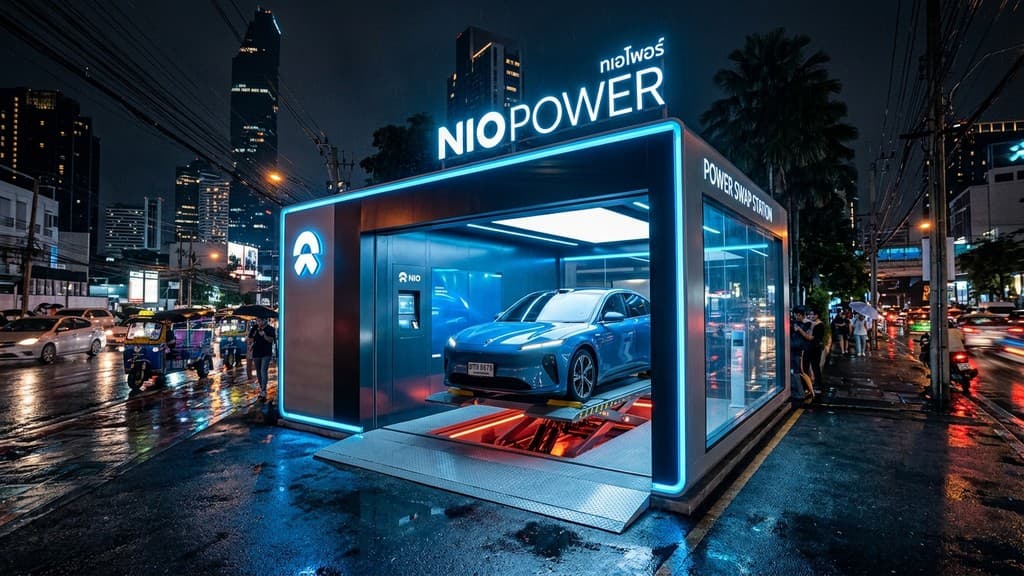สถานีสลับแบตเตอรี่ Nio Power Swap Station 4.0 ตอนกลางคืนในกรุงเทพฯ