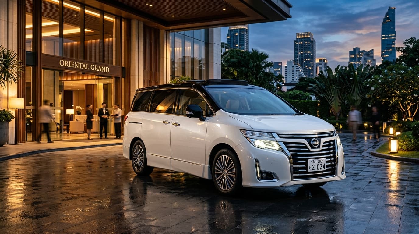 All-New Nissan ELGRAND e-POWER e-4ORCE รถตู้ลักชัวรีสีขาวมุกตัดหลังคาสีดำ กระจังหน้าโครเมียมทรง V-motion ขนาดใหญ่ จอดหน้าโรงแรมหรูใจกลางกรุงเทพฯ ยามค่ำคืน
