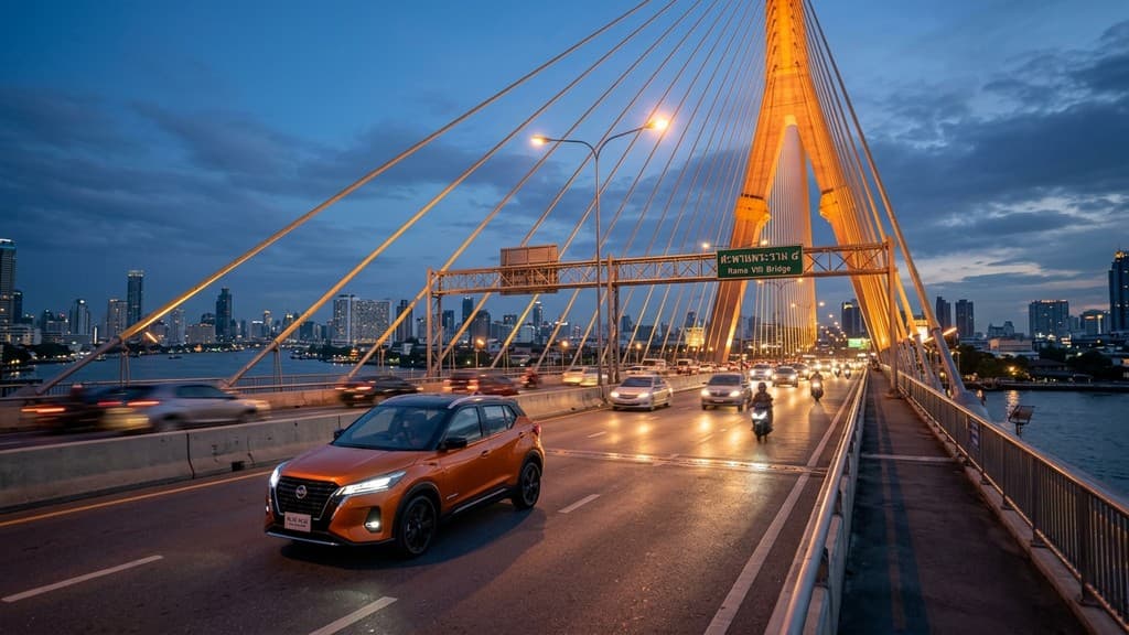 Nissan KICKS e-POWER สีส้มทูโทนหลังคาดำ กำลังขับเคลื่อนบนสะพานพระราม 8 กรุงเทพฯ ในช่วงเวลาทไวไลท์ แสงไฟสะพานส่องสว่างสะท้อนตัวถังพรีเมียม