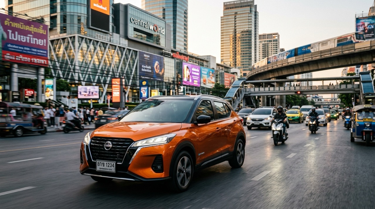 ภาพรถยนต์ B-SUV Nissan Kicks e-POWER สีส้มทูโทนหลังคาดำ ขับเคลื่อนคล่องตัวบนถนนใจกลางย่านการค้ากรุงเทพมหานคร ท่ามกลางตึกระฟ้าและระบบขนส่งมวลชน