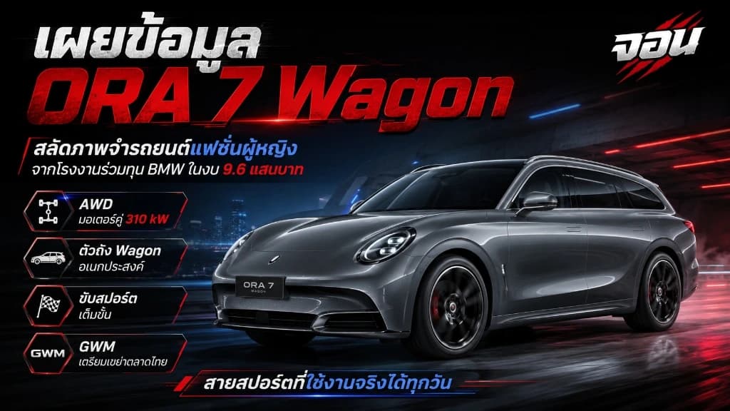ภาพดีไซน์สปอร์ตแวกอน Ora 7 Wagon สีเทาเข้มเมทัลลิกจอดในโรงงานประกอบรถยนต์ยุคใหม่สไตล์ไฮเทค
