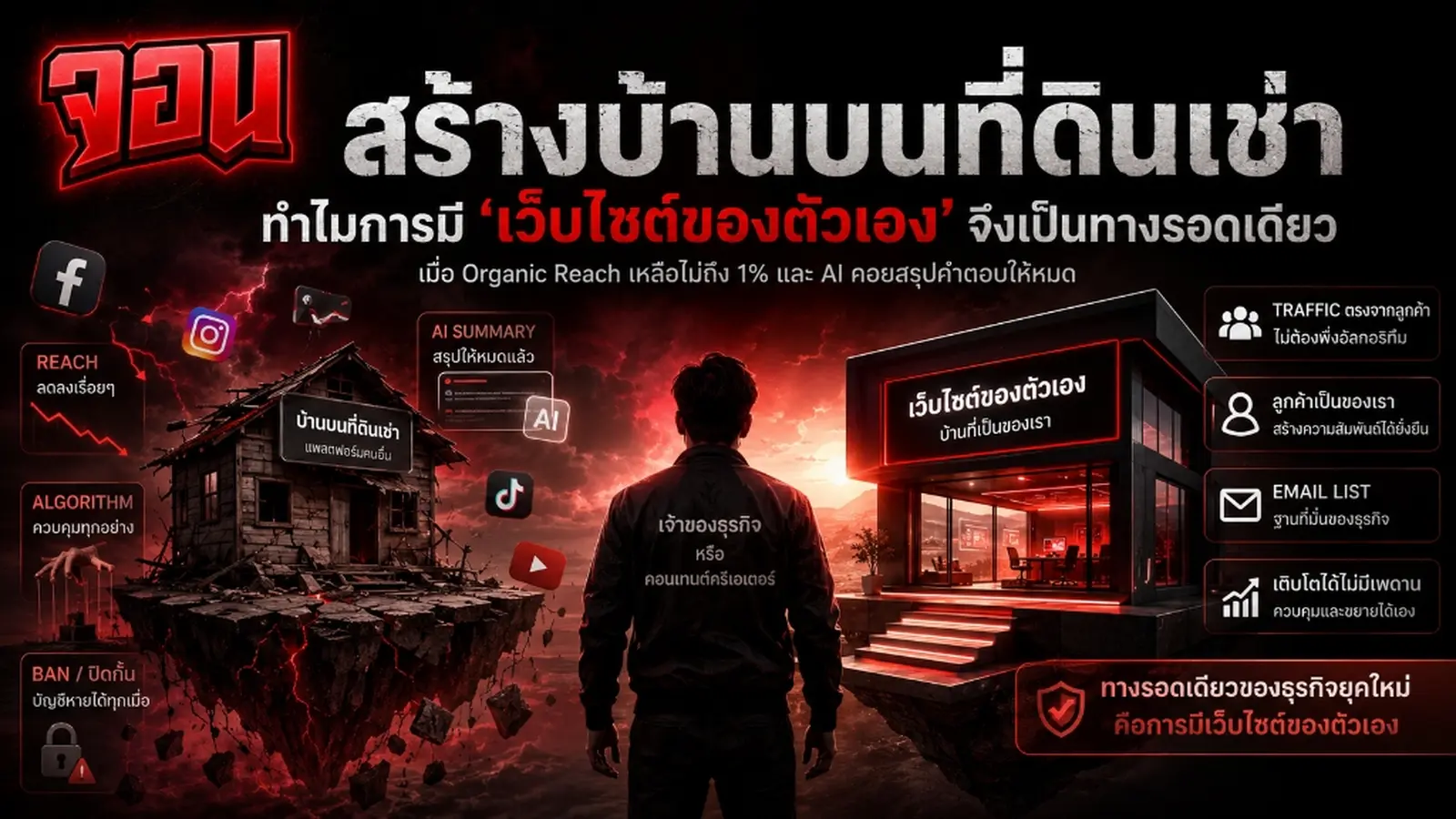 ภาพหน้าปกบทความแสดงบ้านหลังเล็กที่แข็งแรงตั้งอยู่บนเกาะส่วนตัวที่เป็นของเราเอง โดยล้อมรอบด้วยพายุหมุนของคลื่นน้ำสัญลักษณ์โลโก้โซเชียลมีเดียแพลตฟอร์ม