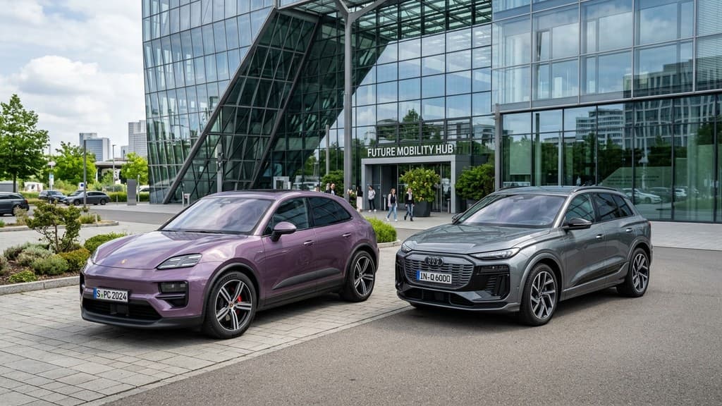 Porsche Macan EV สีม่วงจอดเปรียบเทียบกับ Audi Q6 e-tron สีเทา หน้าอาคารกระจกนวัตกรรมอนาคต
