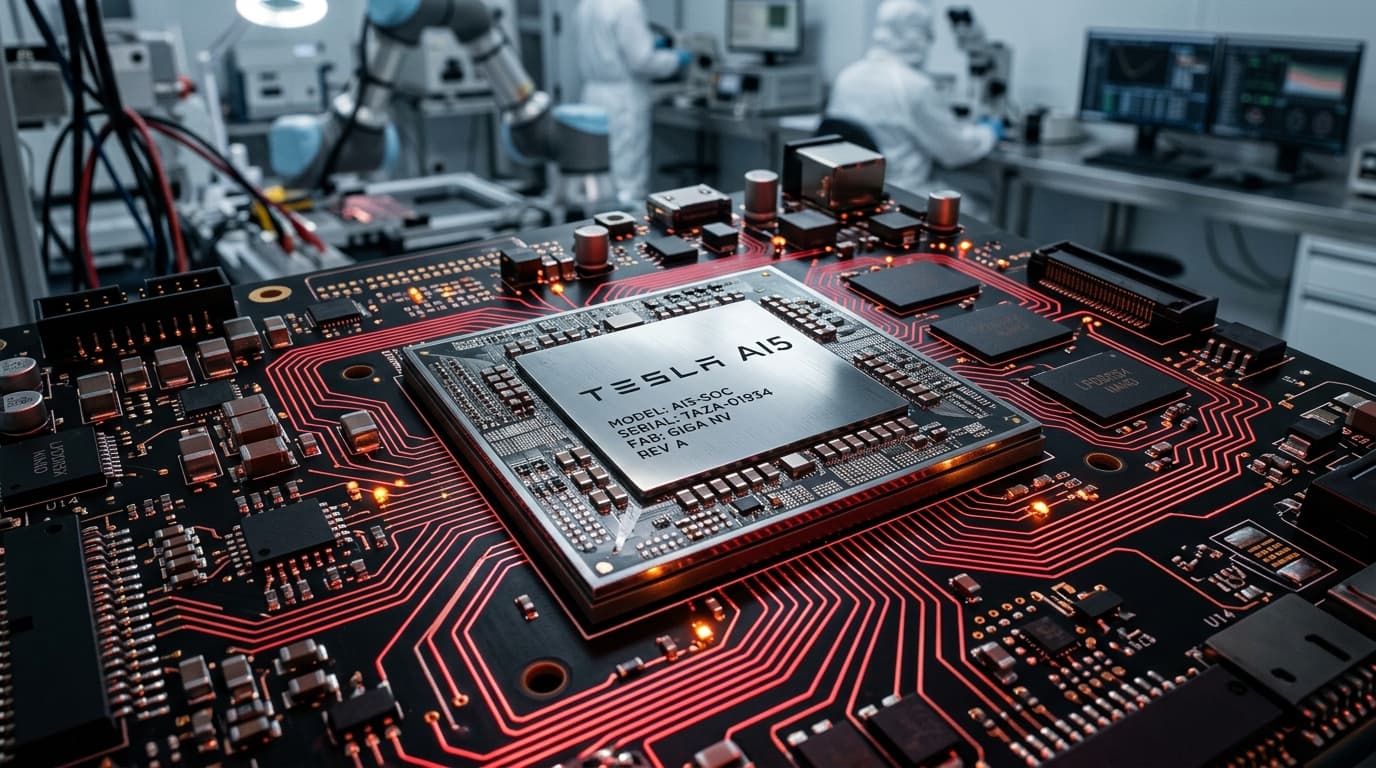 ภาพพรีเซนเทชันจำลองของชิป Tesla AI5 และลายวงจรที่พัฒนาโดย Samsung