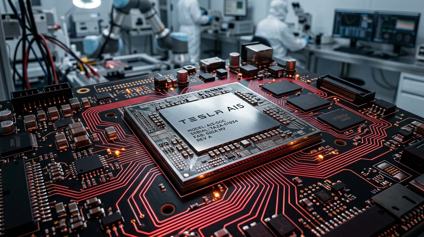 ภาพพรีเซนเทชันจำลองของชิป Tesla AI5 และลายวงจรที่พัฒนาโดย Samsung