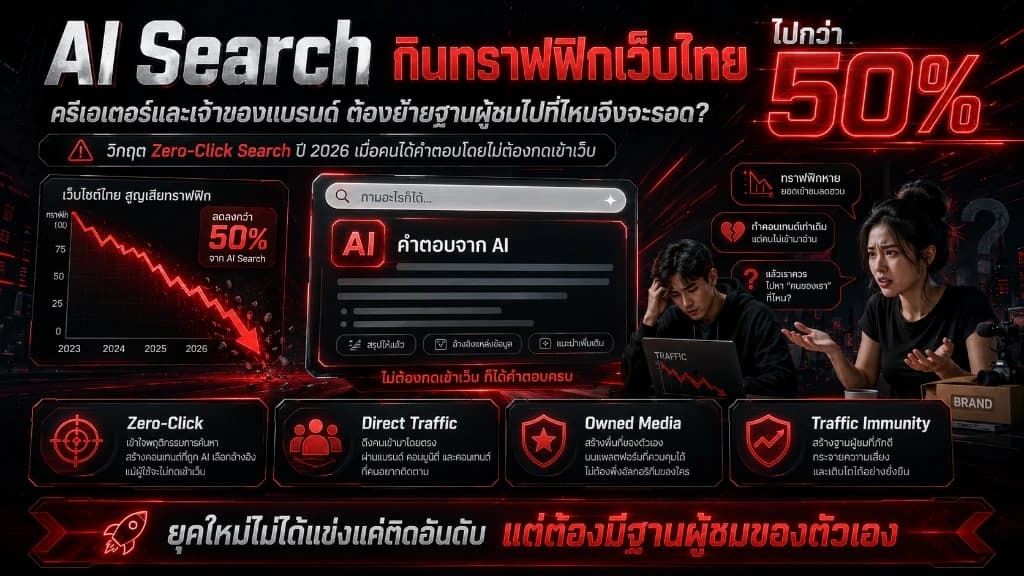 ภาพกราฟิกสื่อถึงครีเอเตอร์ที่ยืนอยู่บนจุดเชื่อมโยงข้อมูลระหว่างระบบค้นหาของ AI Search กับระบบฐานข้อมูลเว็บไซต์ส่วนตัว