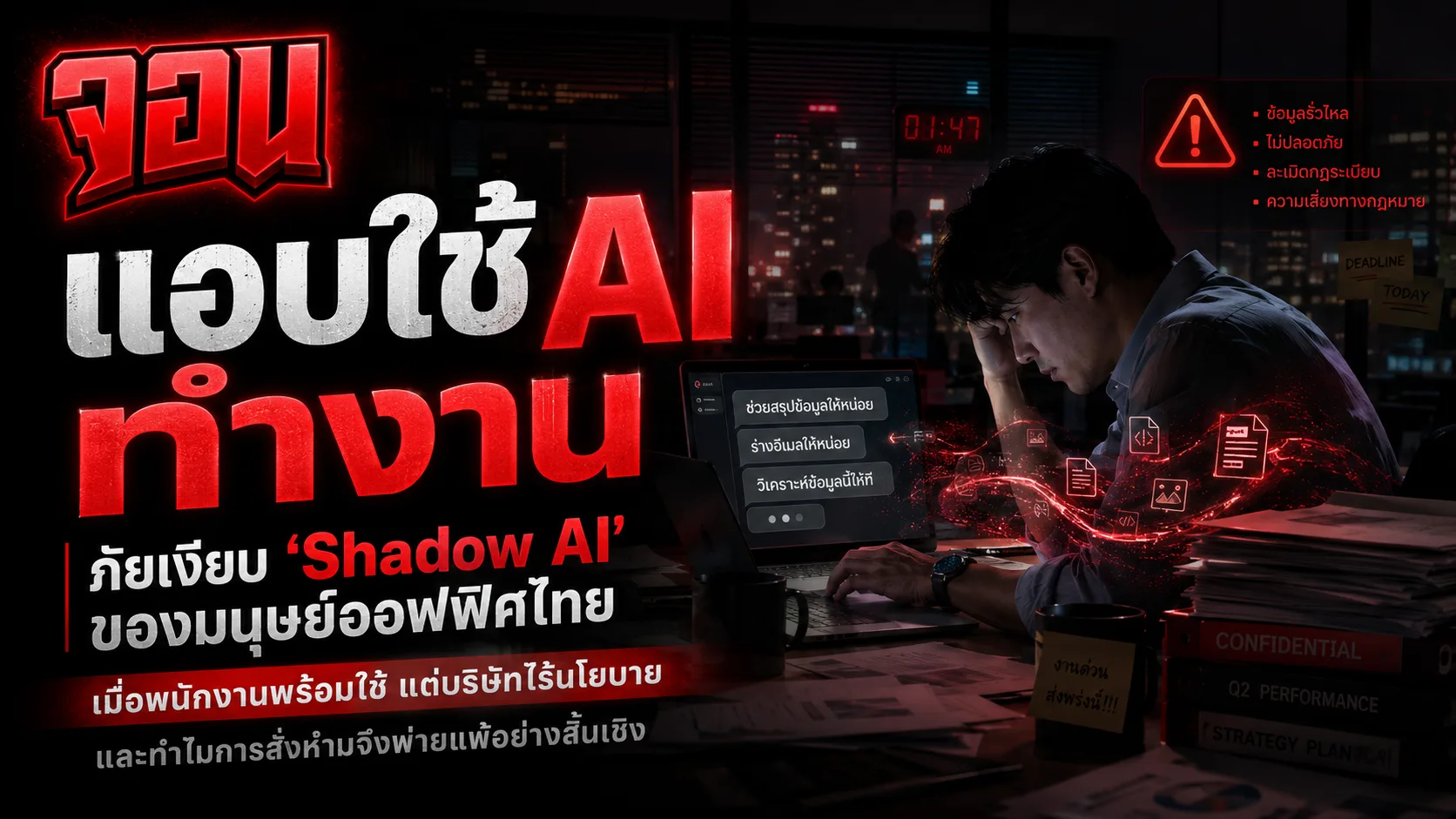 ภาพหน้าปกแสดงโต๊ะทำงานของพนักงานออฟฟิศที่มีไอคอนของแอปแชทบอท AI แฝงตัวอยู่ในความมืดสลัวรอบๆ จอคอมพิวเตอร์