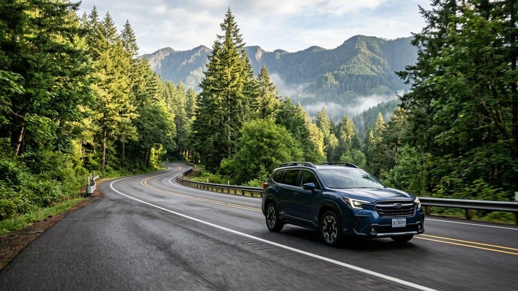 รถยนต์ไฟฟ้าเอสยูวี Subaru วิ่งบนถนนเลียบป่าเขา