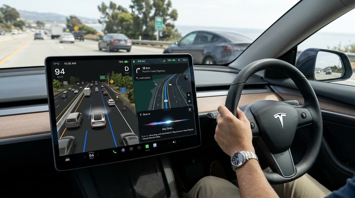 หน้าจอสัมผัสกลางของรถยนต์ Tesla แสดงอินเทอร์เฟซซอฟต์แวร์ 2026 Summer Update พร้อมระบบจำลองการขับขี่ 3D และ Grok AI