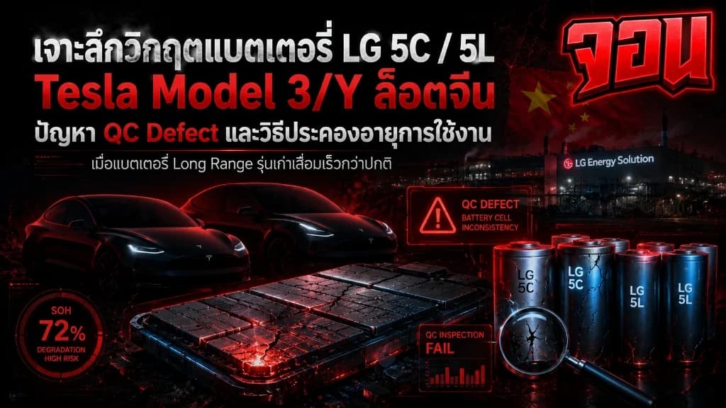 กราฟิกดีไซน์สามมิติแสดงโครงสร้างโมดูลแบตเตอรี่รถไฟฟ้าที่มีการกระจายแรงดันและเซลล์เคมีเฉพาะตัว ตกแต่งด้วยแสงสีแดงเตือนสะท้อนถึงประเด็นปัญหาความมั่นคงเชิงระบบพลังงาน