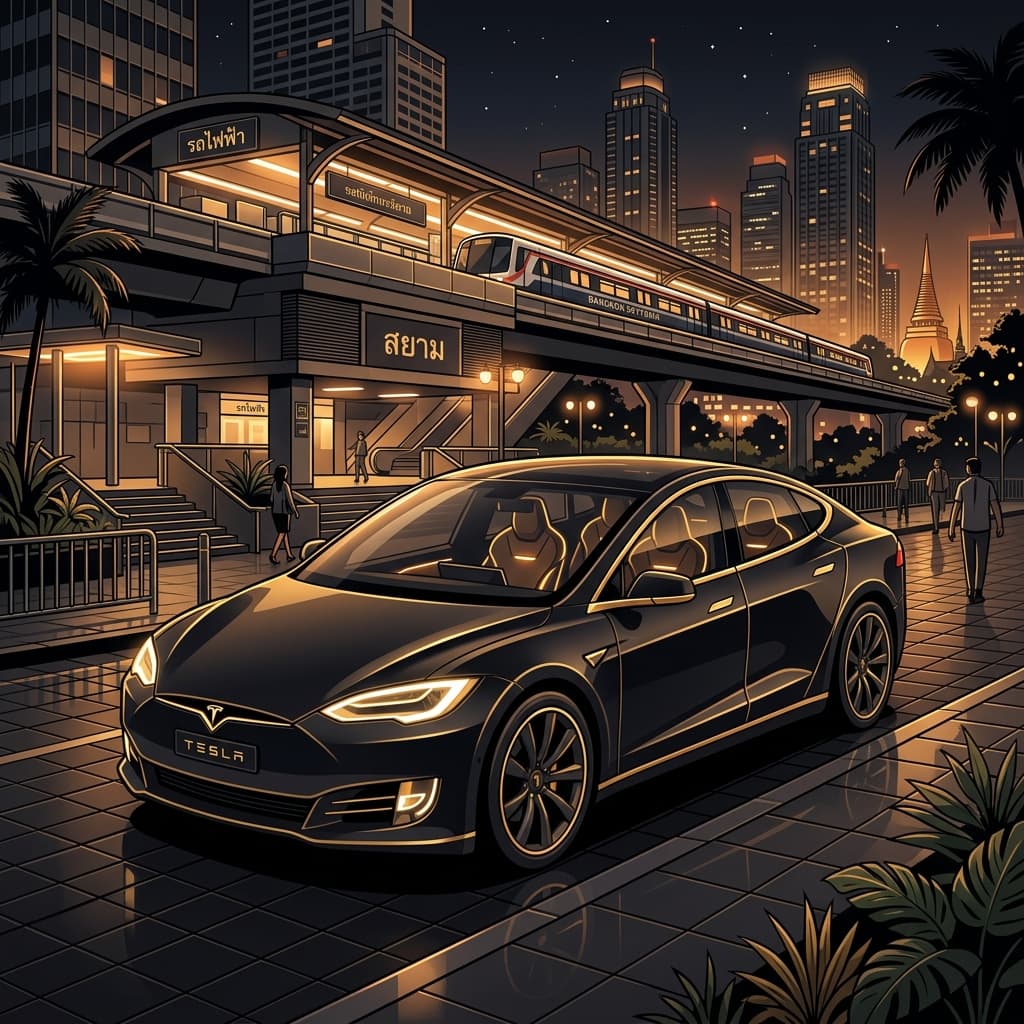 ภาพกราฟิกแบบเวกเตอร์ระดับพรีเมียมแสดงรถยนต์ Tesla Cybercab สีทองเหลืองทองสุกอร่ามจอดหน้าสถานีรถไฟฟ้าบีทีเอสกรุงเทพฯ ยามค่ำคืนท่ามกลางเงาสะท้อนสตรีทฟู้ด