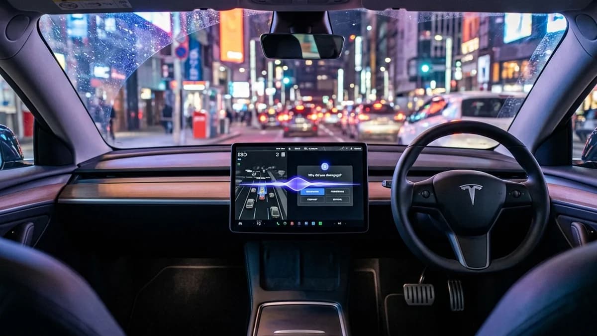 ภาพกราฟิกจากห้องโดยสารพวงมาลัยขวาของ Tesla Model Y แสดงหน้าจอกลางที่มีระบบ Autopark, FSD 3D visualization และไอคอน Grok Voice Assistant สีม่วงอมน้ำเงินกะพริบตอบสนองความต้องการของผู้ขับขี่