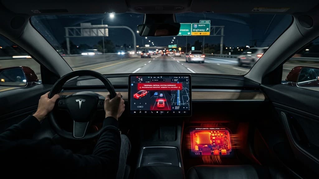 หน้าจอ Tesla แสดงการแจ้งเตือนความร้อนสูงของระบบ Autopilot ECU