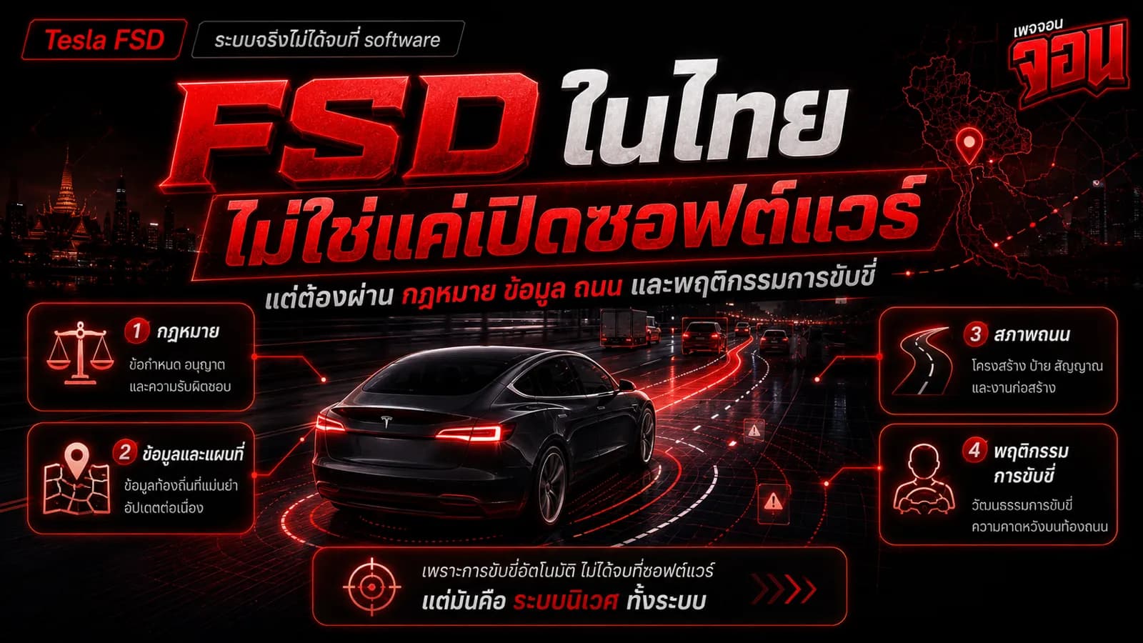 ภาพปกบทความ Tesla FSD ในไทย แสดงถนนไทย กฎหมาย ข้อมูล แผนที่ สภาพถนน และพฤติกรรมการขับขี่ที่ทำให้ FSD ไม่ใช่แค่ซอฟต์แวร์