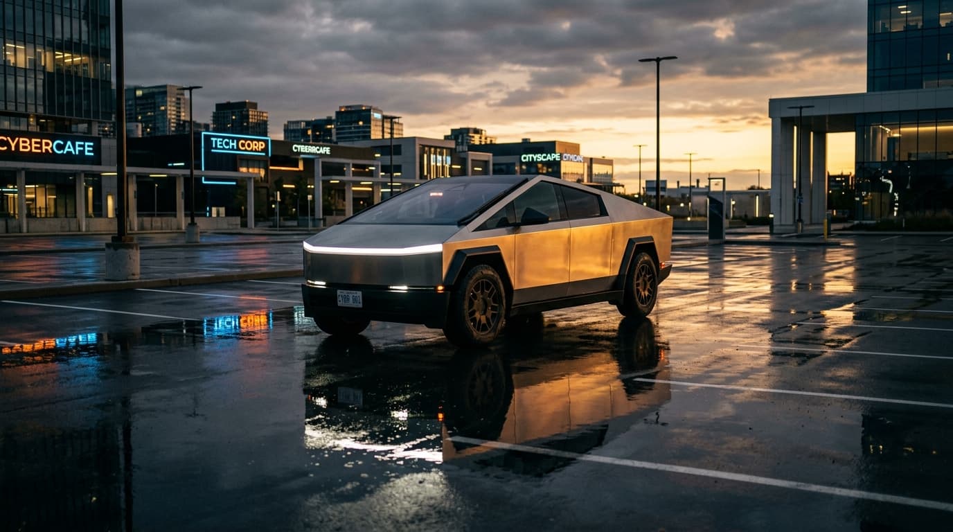 ภาพกราฟิกจำลองการทำงานของระบบ Actually Smart Summon และรถ Tesla Cybertruck