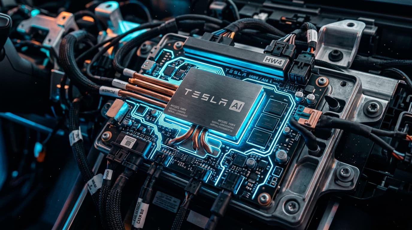 ภาพซูมระดับมาโครของชิปประมวลผล Tesla HW4 ที่มีวงจรเรืองแสงสีฟ้าภายใต้ฝาครอบโลหะ