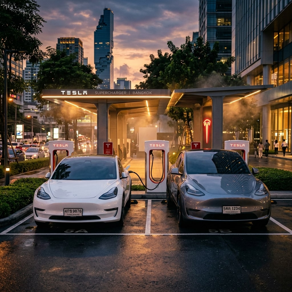 ภาพรถ Tesla Model 3 สีขาวจอดคู่กับ Tesla Model Y สีเทาในสถานีชาร์จพรีเมียม สะท้อนความหรูหราของรถยนต์ไฟฟ้าสองสไตล์
