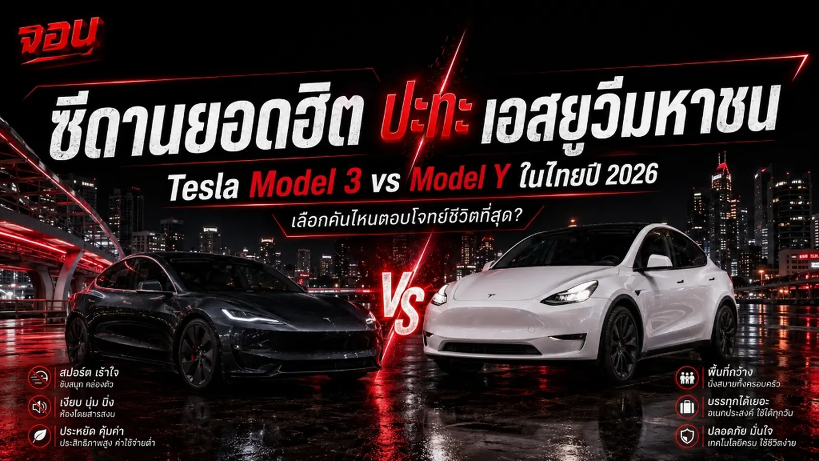 ภาพหน้าปกบทความวิเคราะห์เปรียบเทียบ Tesla Model 3 vs Model Y ในไทยปี 2026 เลือกคันไหนดี